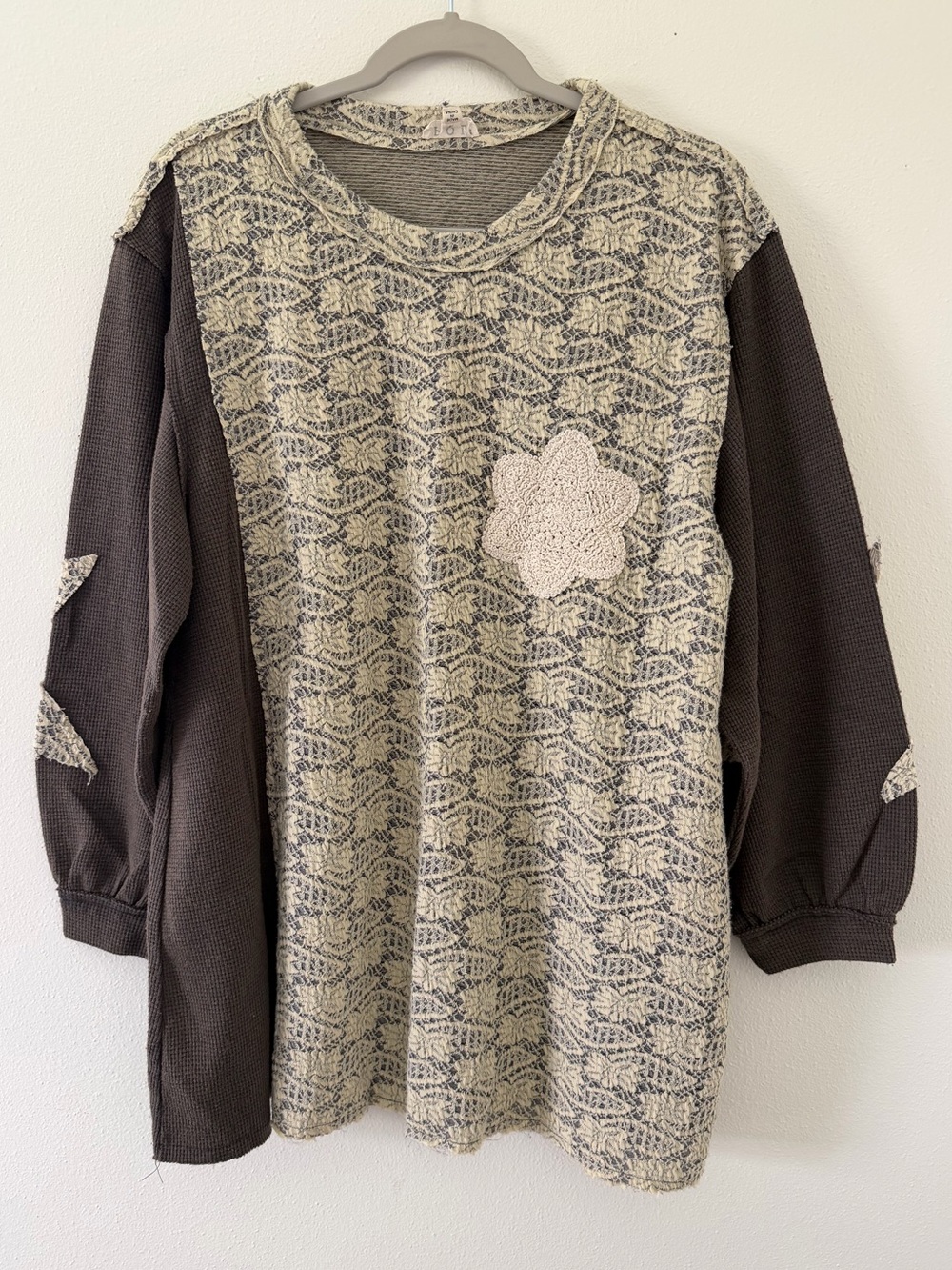 POL Goblincore Neutral Boho Mixed Media Oversized Waffle Knit Blouse size small